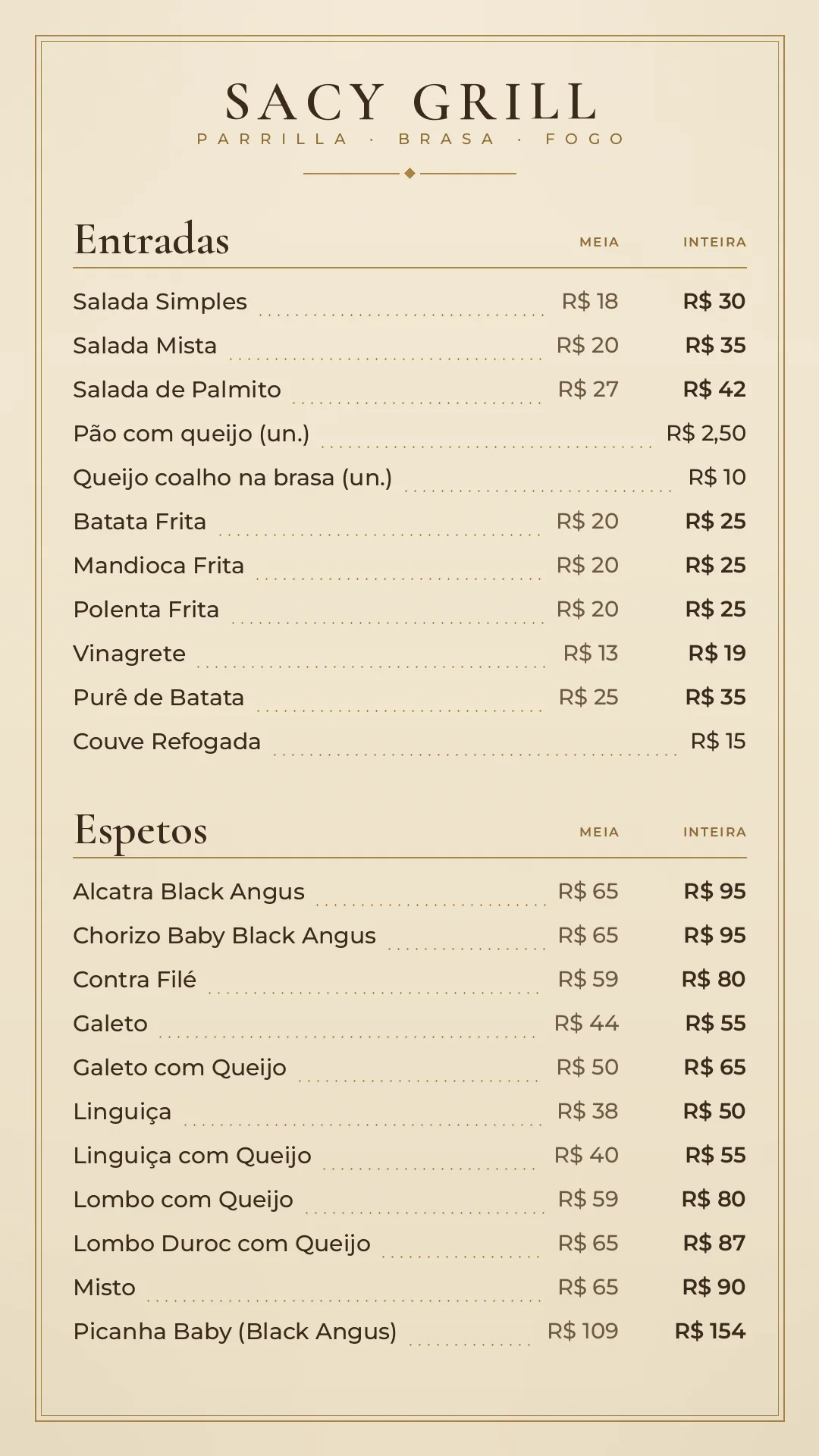 Cardápio — entradas e espetos