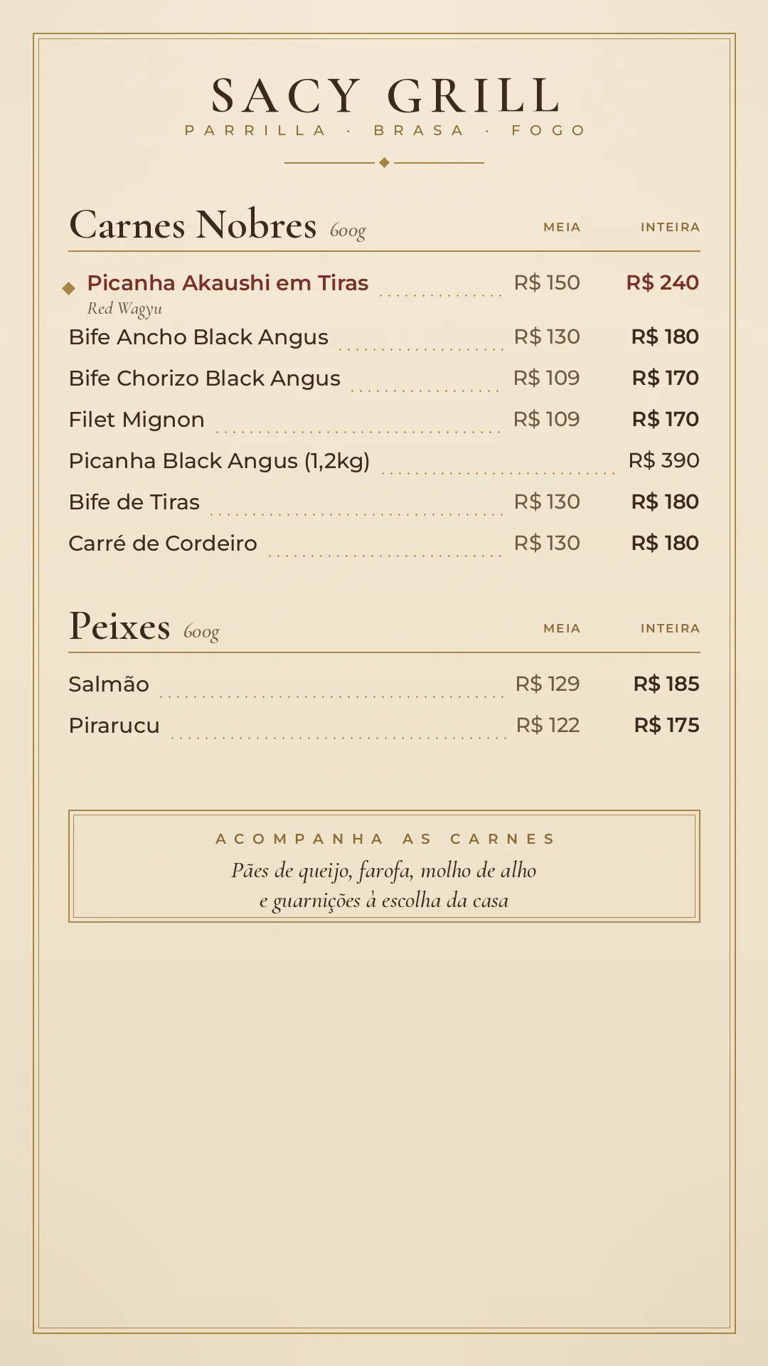 Cardápio — cortes nobres e peixes
