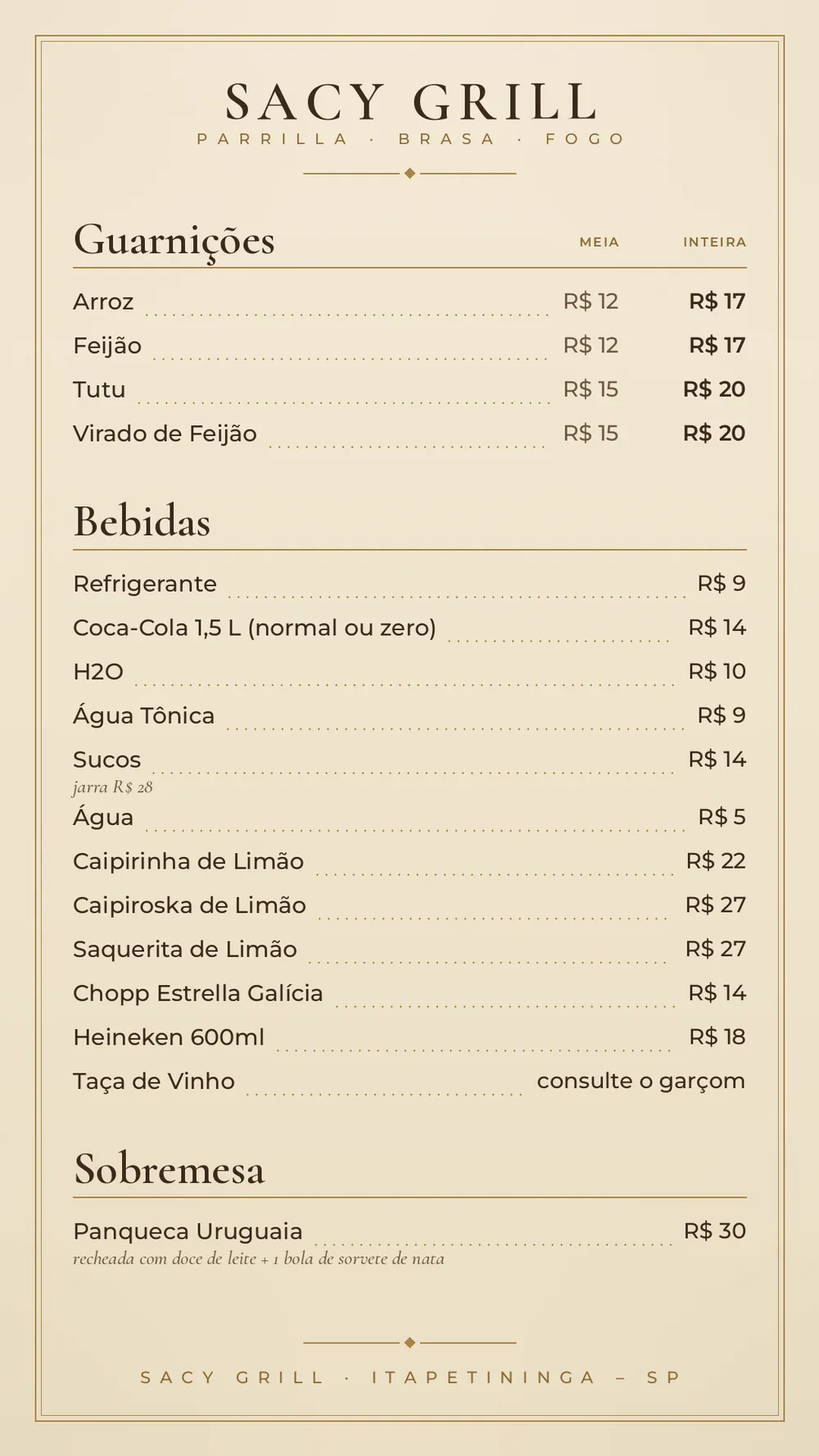 Cardápio — bebidas e sobremesas